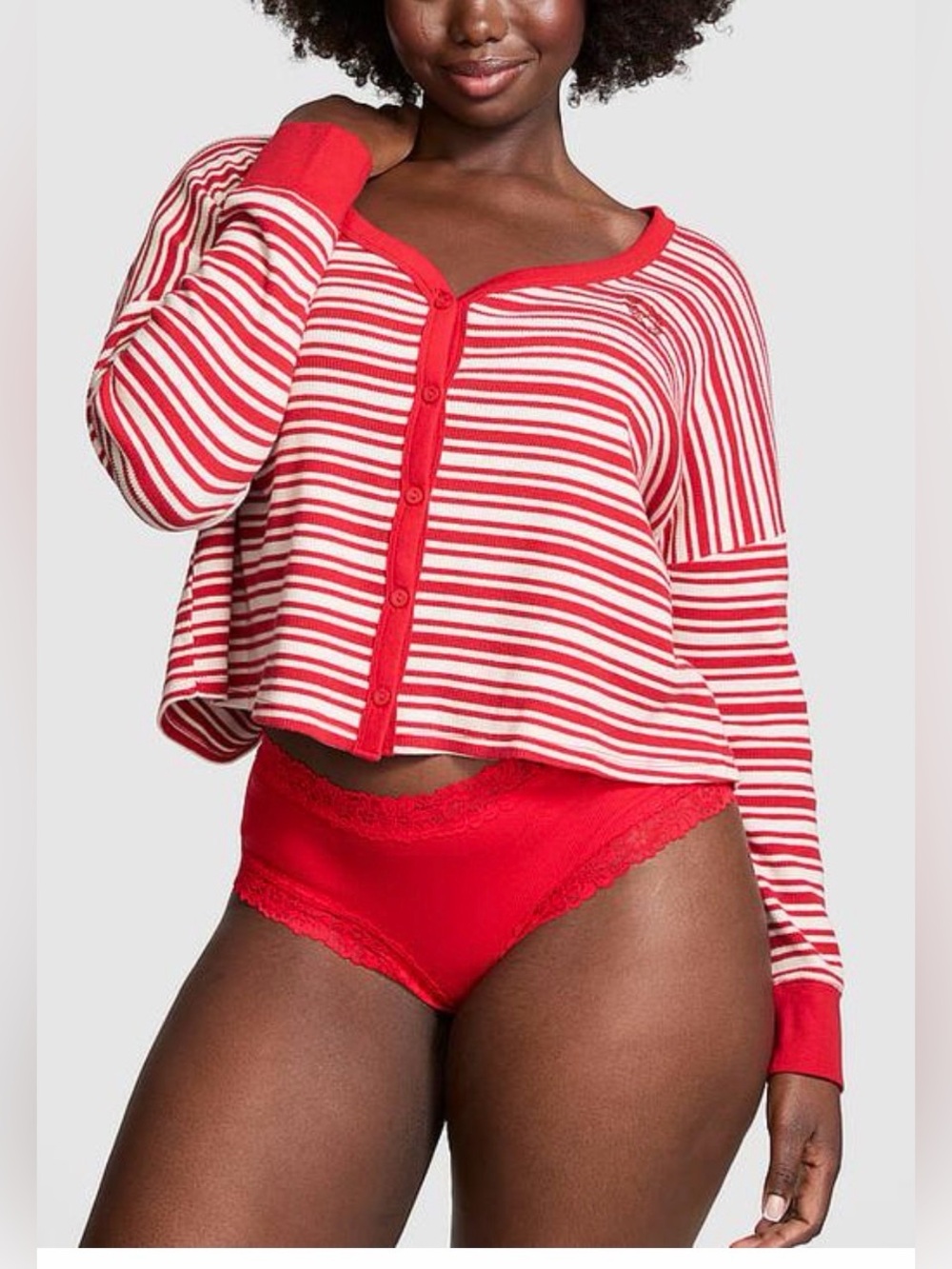 Victorias Secret PINK Holiday Lounge Pjs Striped Thermal Boxy Cardigan Red XXL